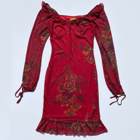 XXI Dresses & Skirts - Vintage 90s Red Floral Off Shoulder Dress Women's Small Wedding Spring Summer